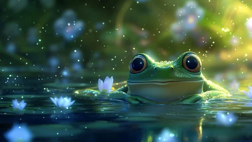 Green frog in reflective pond with luminous floral forms.