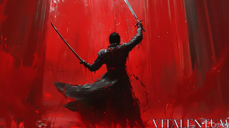 Sword-wielding warrior in crimson abstract energy cascade.