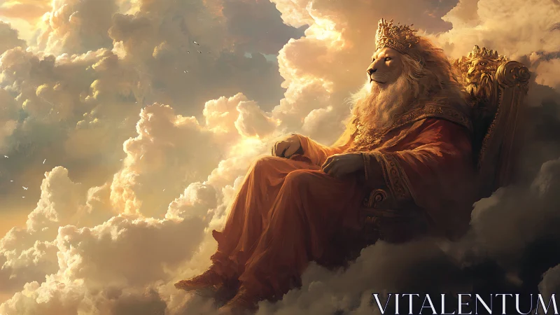 Lion-headed monarch seated on ornate throne amid clouds.