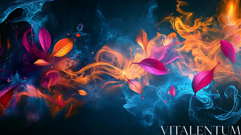 Digital composition shows colored leaves within swirling smoke