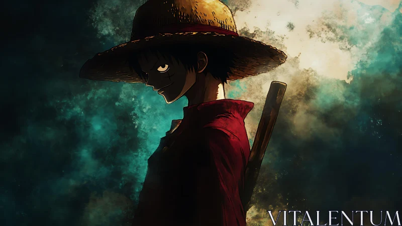 Backlit straw-hatted anime figure in high-contrast rim lighting