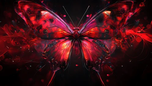 Luminous red butterfly erupts in neon cosmic darkness