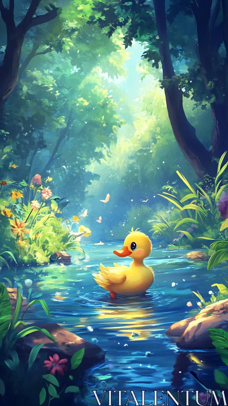 Cute yellow duckling floating in bright forest stream.
