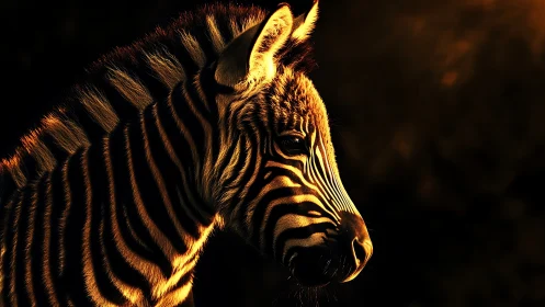 Zebra portrait in warm backlight against dark background.