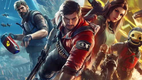 Sci fi trio and robot squad in dynamic orbital combat stance