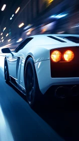 White sports car accelerates through blurred urban night street