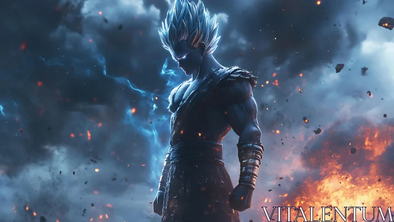 Blue-haired energy warrior amid stormfire clouds in profile.