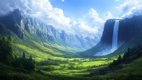Lush green valley with cliffs, clouds and tall waterfall.