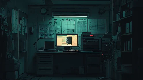 Late-night office workstation glows softly in quiet focus