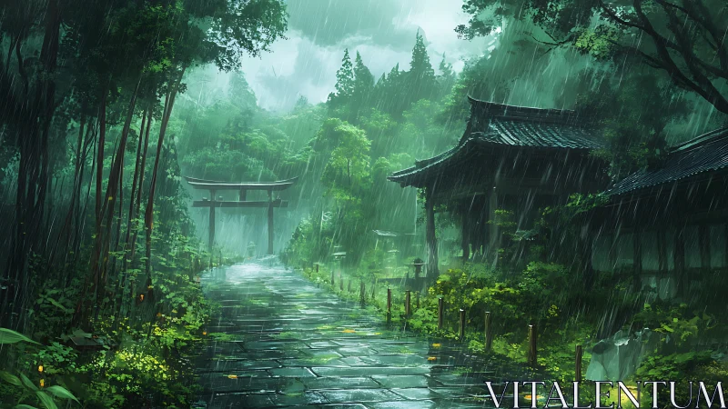 Rain-soaked stone path through dense forest to torii gate