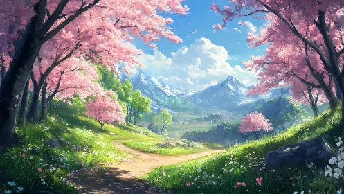 Blossom road to whispering mountains under cloud lanterns.