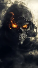 Burning-eyed reaper skull emerging through swirling smoke.