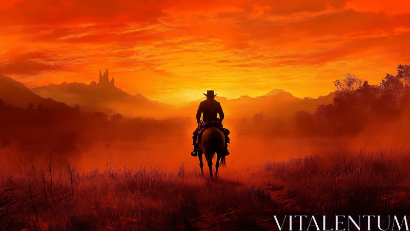 Lone rider crosses a fiery sunset frontier in silence.