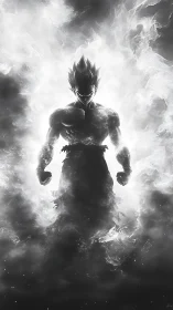 Monochrome energy warrior silhouette in smoke vortex.