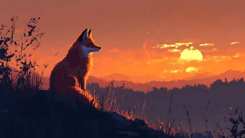 Fox observing sunset over distant hills in silence.