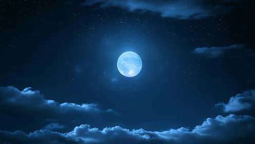 Full moon over deep blue night sky and cloud horizon.