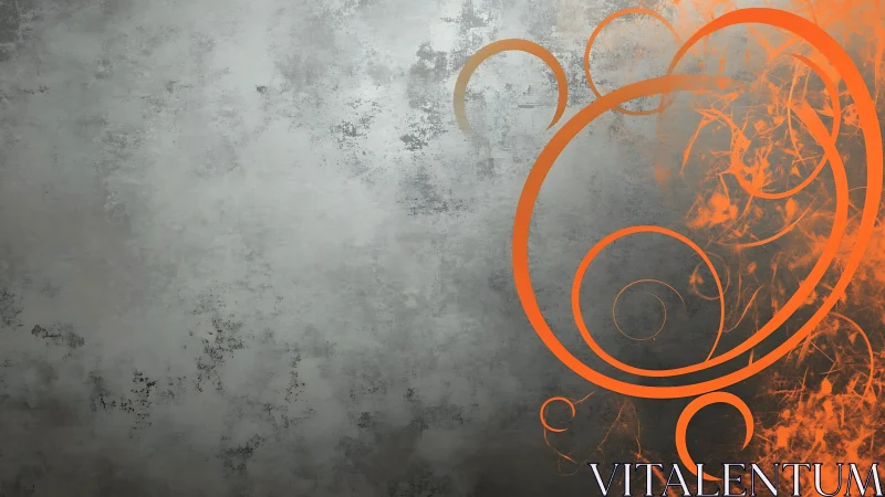 Orange abstract swirls on textured gray concrete backdrop.