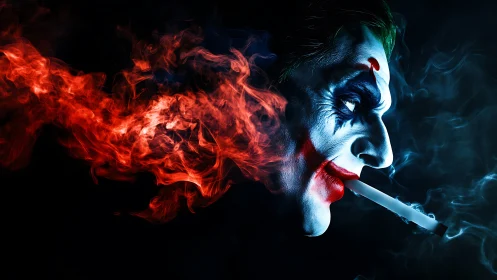 Clown-faced figure in profile with vivid red smoke plume.