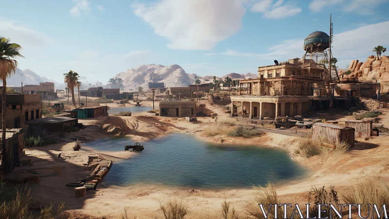 Desert settlement around shallow oasis pool under harsh daylight