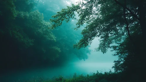 Misty Lake Framed by Dense Forest Canopy.