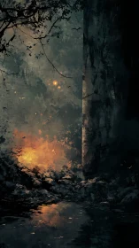 Abandoned Ruin With Glowing Fire in Misty Darkness