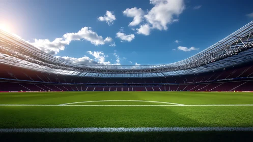 Modern football arena under clear blue sky at sunrise.