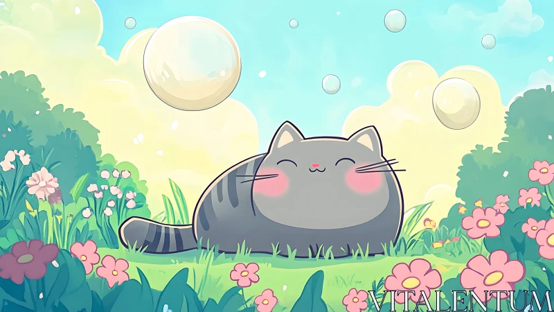 Chubby Gray Cat Loves a Magical Garden Full of Bubbles