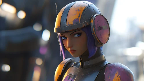 Female sci-fi soldier in worn helmet observes city environment