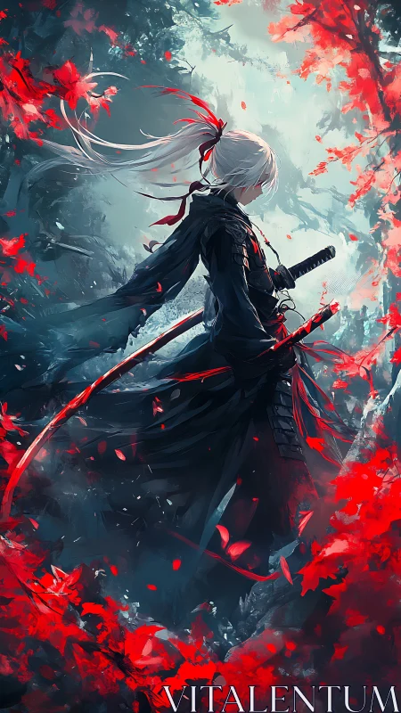 White haired samurai stands amid crimson leaves in mist