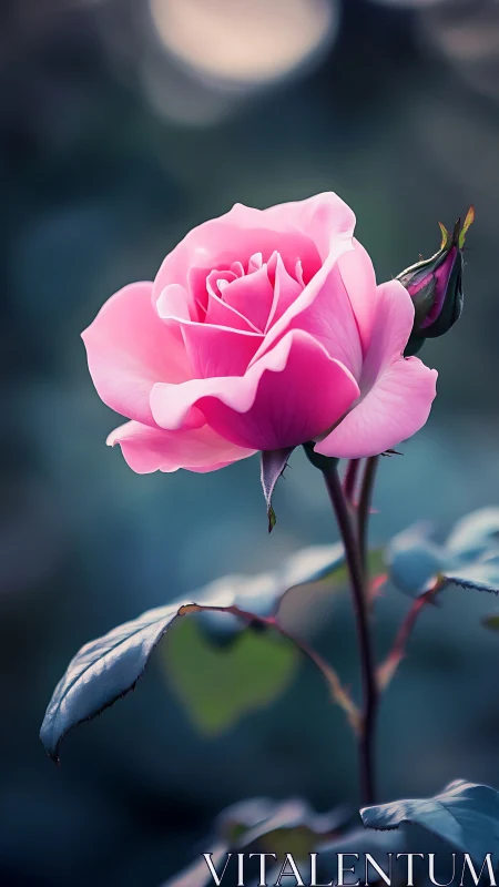 Single pink rose bloom is captured in vertical close-up