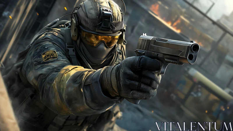 Urban strike sentinel aiming steel resolve amid chaos.