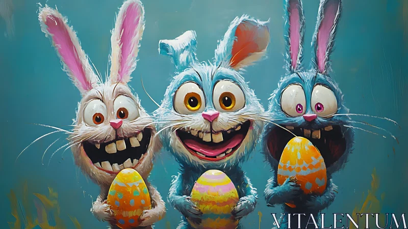 Three stylized rabbits holding decorated eggs in a row.