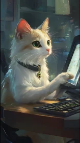 Elegant White Cat Operating Computer Terminal in Neon-Lit Tech Environment