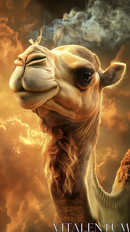 Camel portrait with cigarette against illuminated cloudscape.
