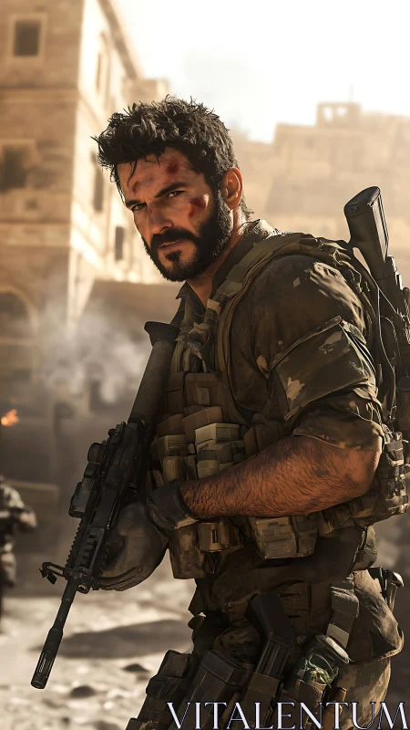 Battle-scarred soldier stalks sunlit urban warzone streets.