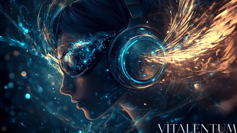 Futuristic DJ profile channels liquid light through headphones.