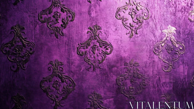 Purple damask pattern on textured decorative surface.