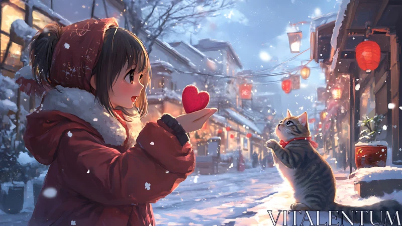 Snowlit anime street with girl, cat, and luminous heart token.