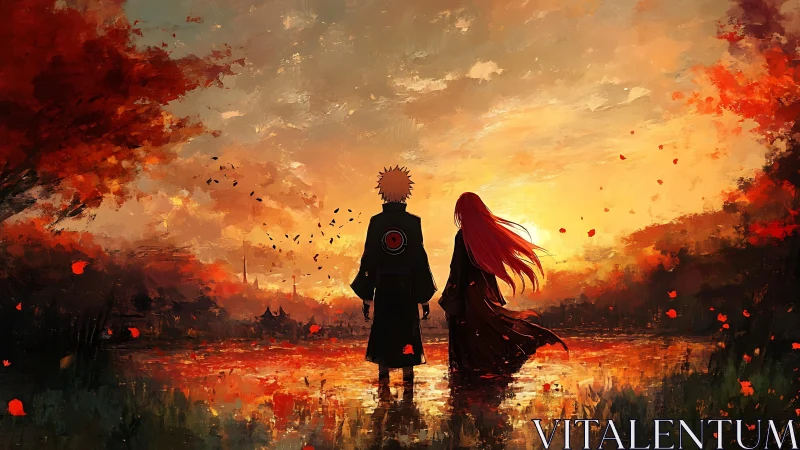 Silhouetted cloaked pair over reflective lake at fiery sunset.