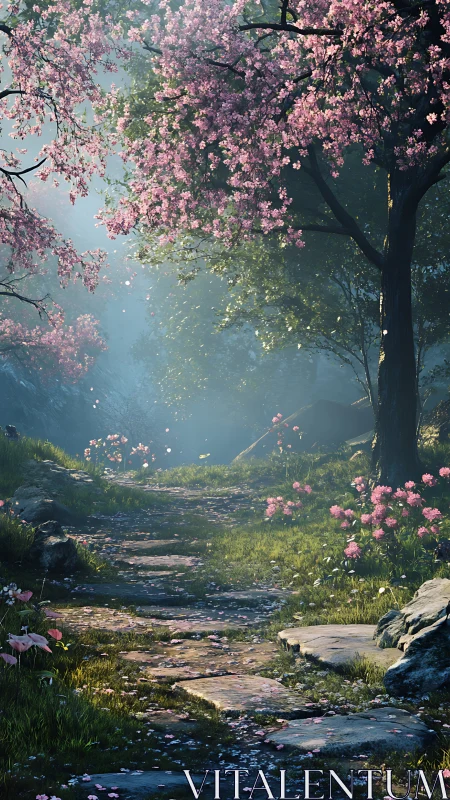 Stone garden path under pink blossom trees in soft light.