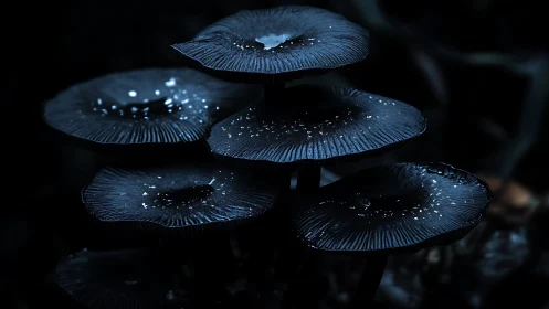 Low-key macro study of clustered dark mushrooms with dew droplets