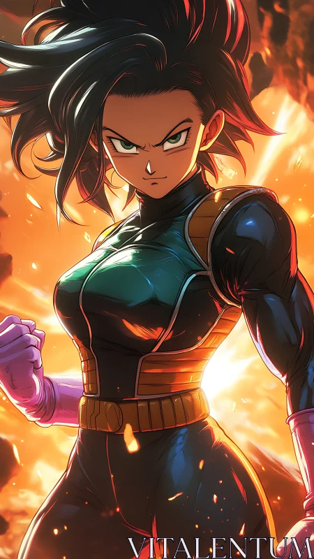 Fierce anime warrior stands unshaken amid blazing impact