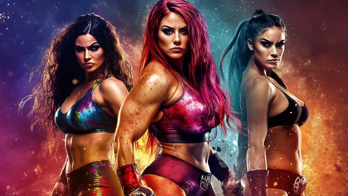 Three powerful female wrestlers in vibrant, dramatic digital art.
