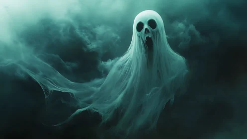 Wailing phantom drifts through emerald fogbound midnight skies.