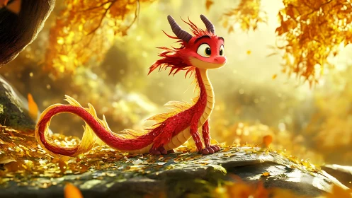 Playful red baby dragon standing on sunlit forest rock.