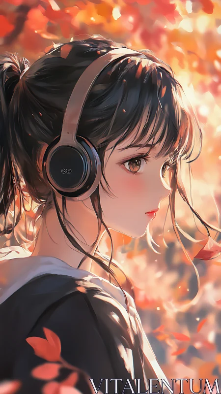 Autumn girl in headphones walks through soft golden light.