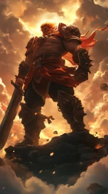 Sunlit warrior king standing strong above fiery clouds.