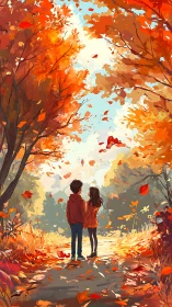 Two Children Walking Through Autumn Forest Path