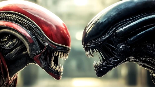 Opposed biomechanical predators in mirrored confrontation.