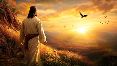 Figure in white robe overlooking radiant mountain sunrise.